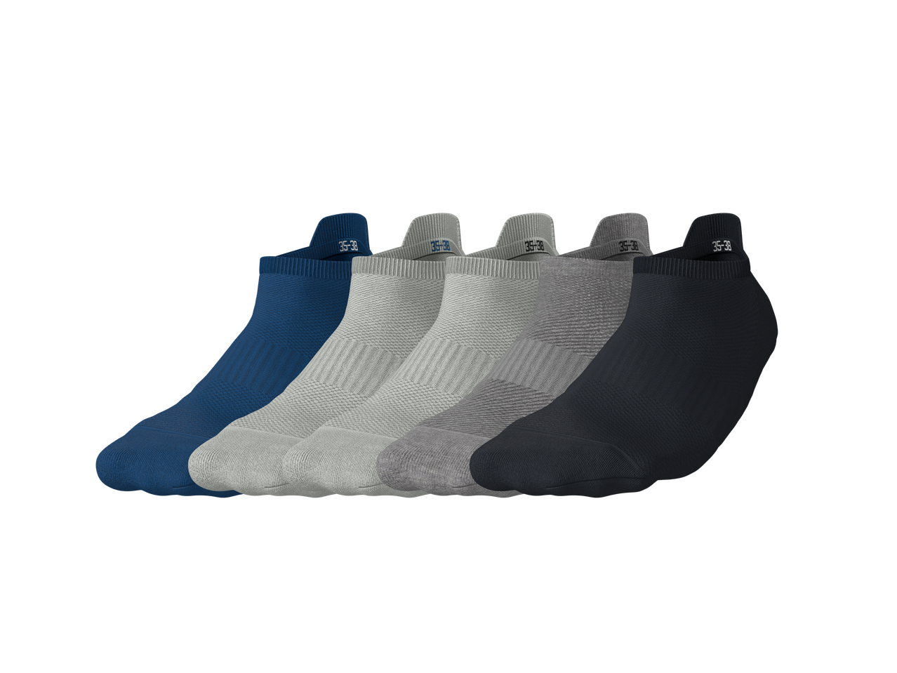 Conjunto de 5 pares de meias desportivas CRIVIT para sapatilhas, em tons de cinzento e azul.