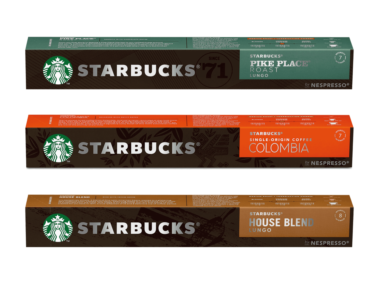 Drei Schachteln Starbucks Nespresso Kaffeekapseln: Pike Place Roast, Colombia und House Blend.