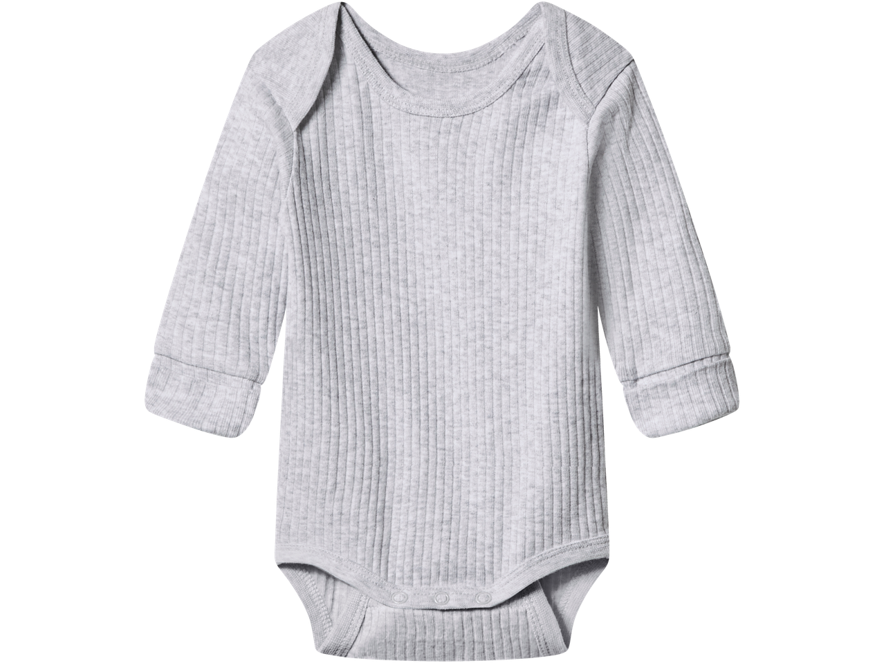 Light grey ribbed long-sleeved baby bodysuit with snap fasteners at the crotch.