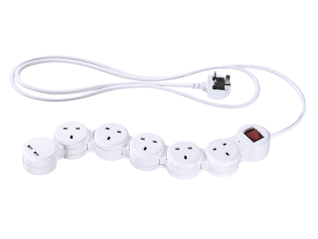 White extension cord with multiple sockets and USB.