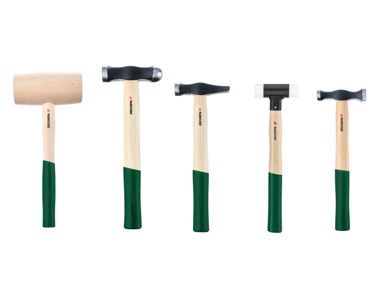Parkside® haamrite komplekt, mis sisaldab puidust nuiat, kahte kuulpeahaamrit, ristpeahaamrit ja pehmepäist haamrit.