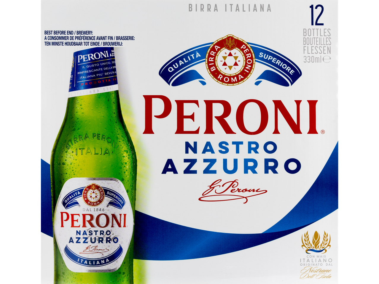 12 bottles of Peroni Nastro Azzurro beer.
