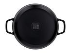 Black round cast iron pan with two handles, showing cooking compatibility symbols on the bottom.