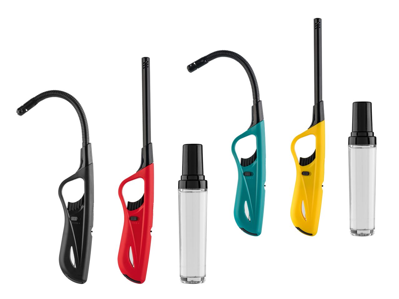 Fünf Stabfeuerzeuge in verschiedenen Farben und zwei Nachfüllflaschen