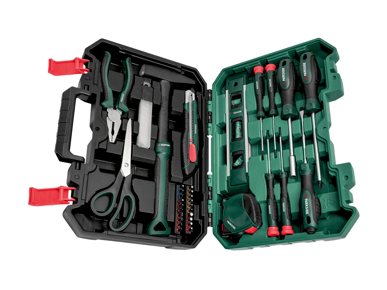 Boîte à outils ouverte avec tournevis, pinces, marteau, ciseaux et mètre ruban.