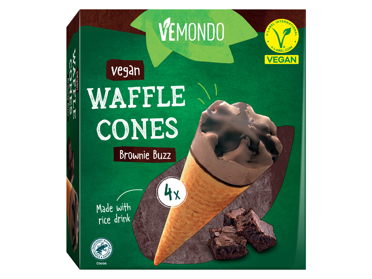 Vemondo veganistische wafelhoorntjes Brownie Buzz, gemaakt met rijstdrank, 4 stuks.