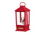 Red Christmas lantern with a Santa Claus figurine and artificial snow inside.
