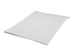 A white knitted blanket with fringe details, folded neatly on a white background.