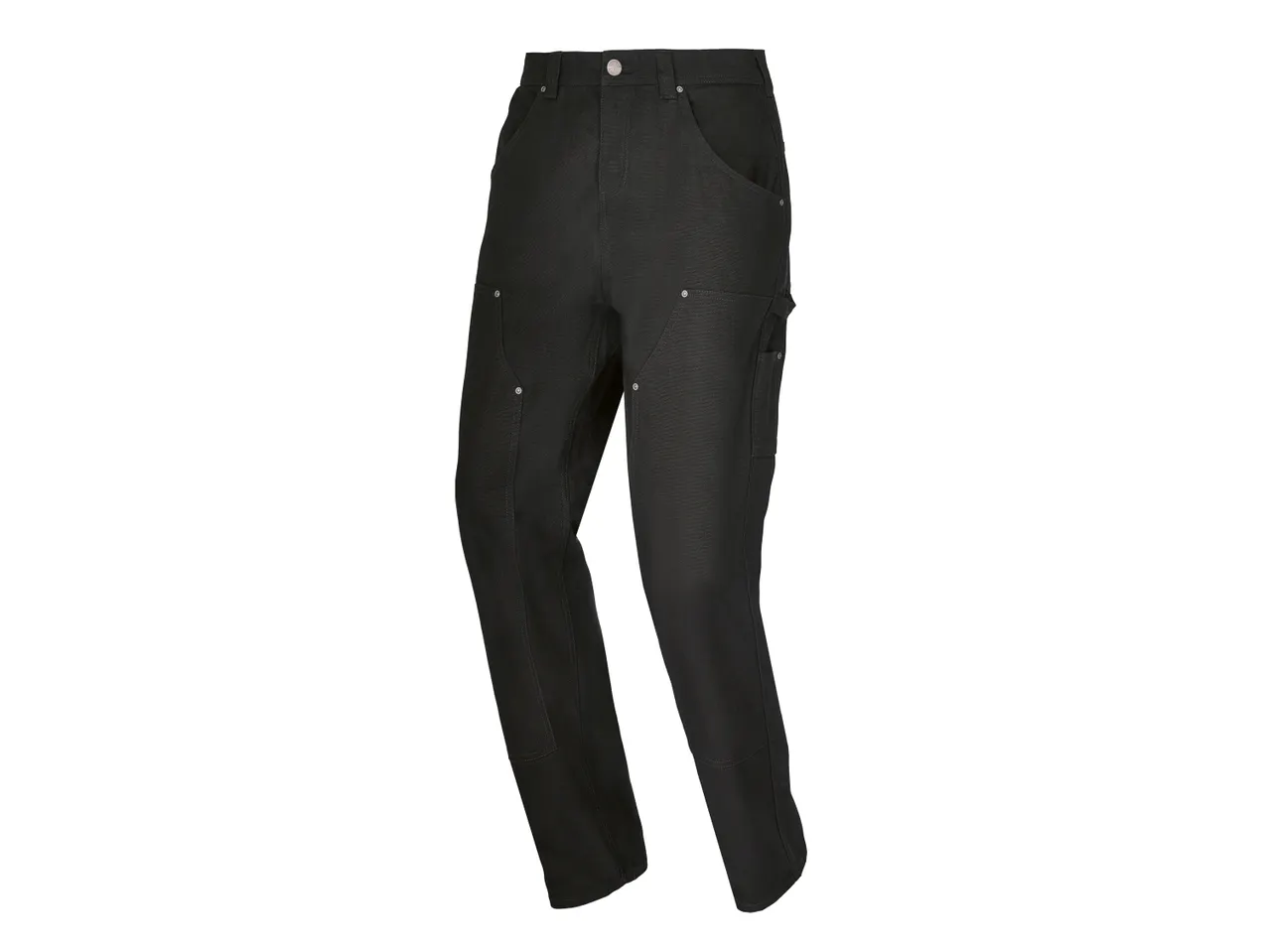 Pantaloni da lavoro neri con tasche e rivetti.