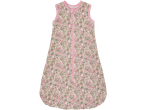 A floral patterned baby sleeping bag with a pink zipper and trim.