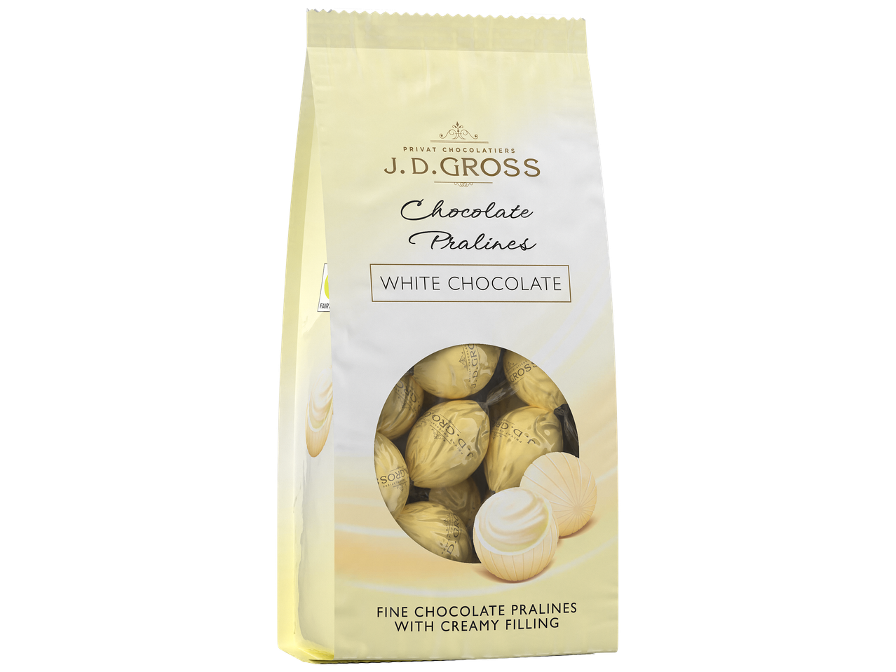 Pralines au chocolat blanc avec garniture crémeuse dans un sac.