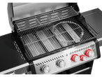 Gas grill with grates, warming rack, and burners.