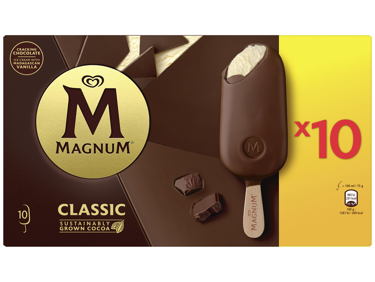 Dix bâtonnets de crème glacée classique à la vanille de Madagascar enrobés de chocolat craquant.
