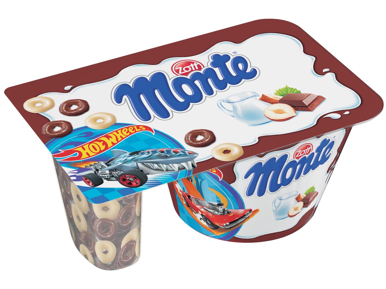 Zott Monte Hot Wheels márkájú kakaós joghurt két adagban, gabonapelyhekkel.