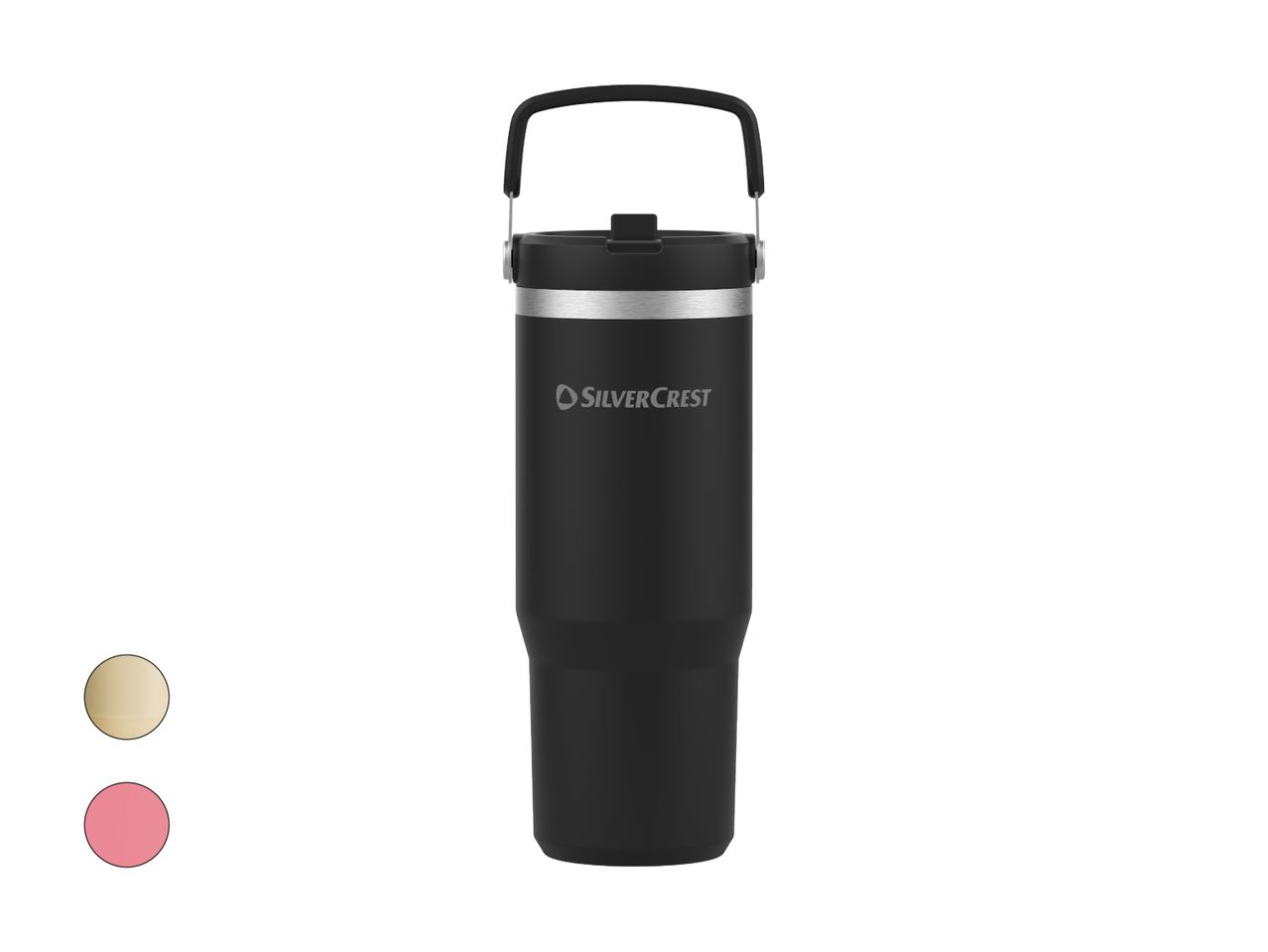 Schwarze SilverCrest Thermoskanne mit Henkel, auch in Gold und Rosa erhältlich.
