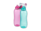 Zwei Sistema Hydrate Wasserflaschen, eine pink und eine türkis, mit Etikett.