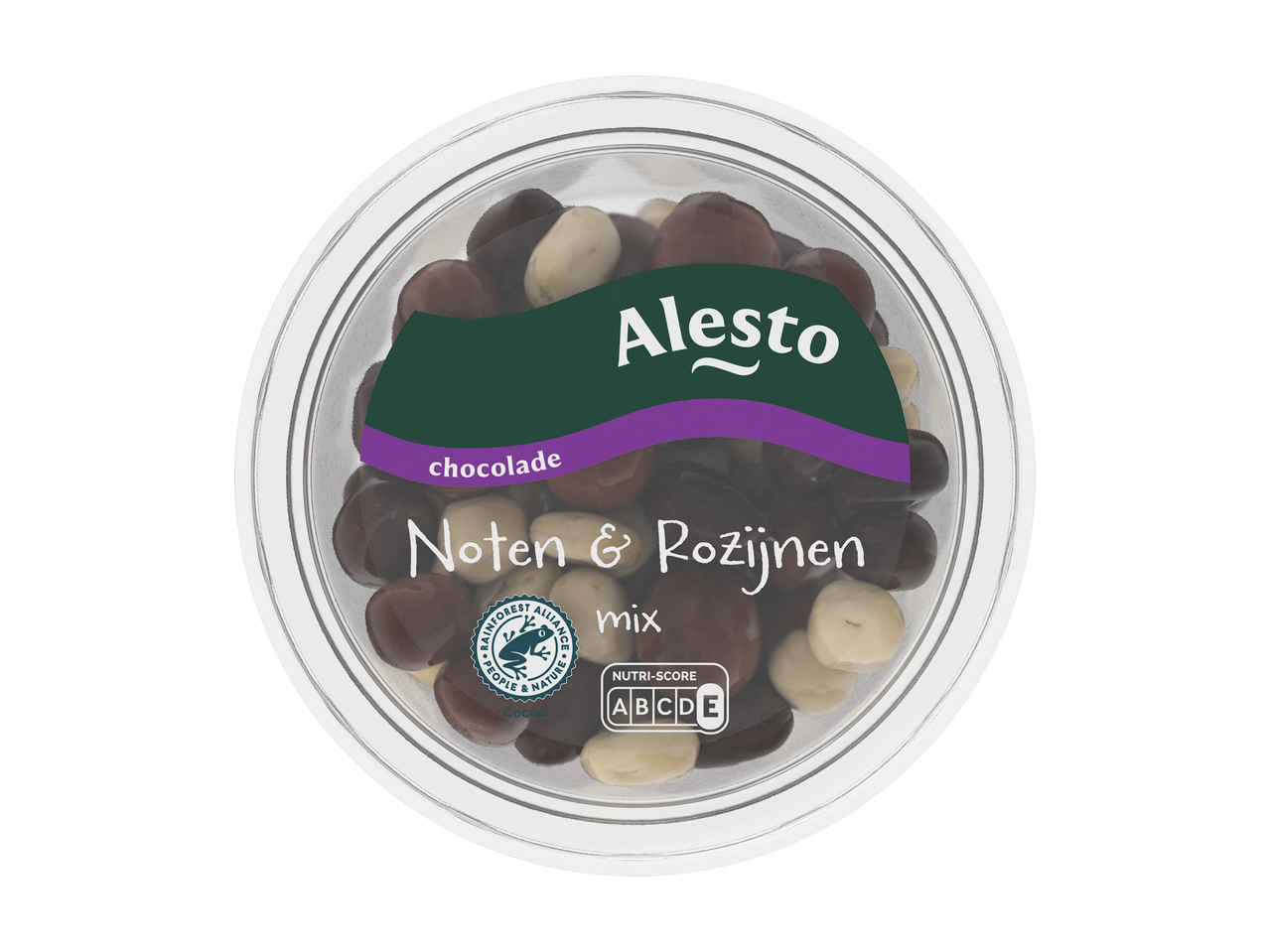 Alesto chocolade noten- en rozijnenmix in een doorzichtige plastic beker met Nutri-Score E.