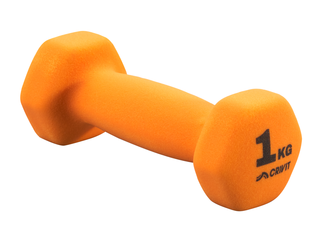An orange 1 kg dumbbell, branded Crivit.