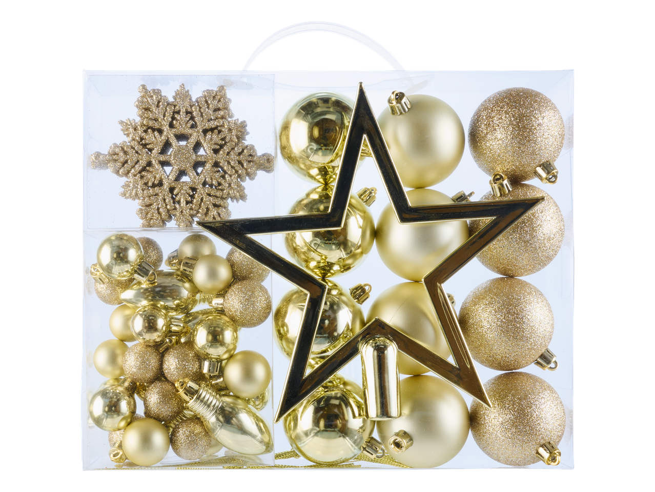 LIVARNO home, Zelta Ziemassvētku eglītes rotājumu komplekts: bumbas, zvaigzne un sniegpārsla