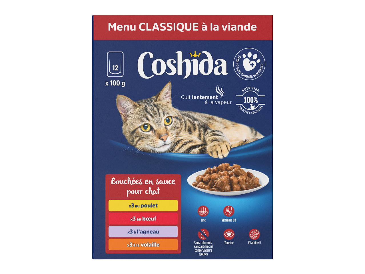 Boîte de nourriture pour chat avec un chat tigré, des bouchées en sauce et des informations nutritionnelles.