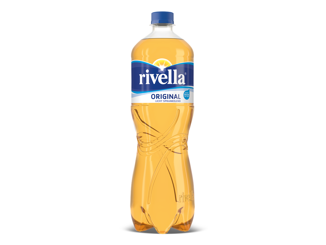 Een fles koolzuurhoudende frisdrank met een licht sprankelende, goudgele kleur.