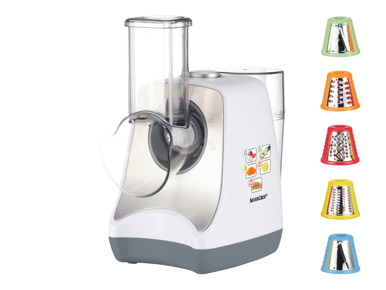 SilverCrest-vihannesleikkuri viidellä vaihdettavalla terällä eri leikkuutuloksille.