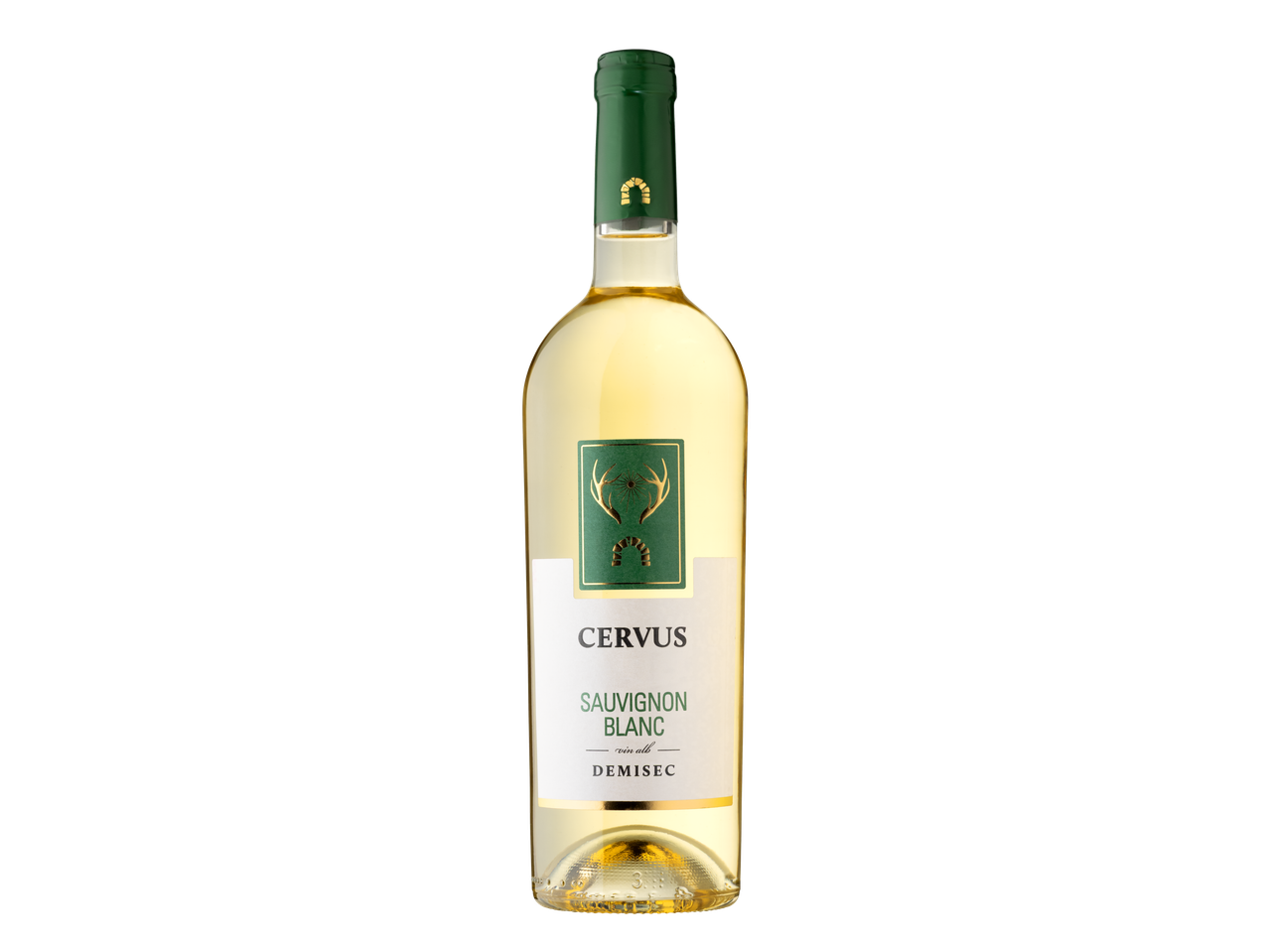 O sticlă de vin alb Cervus Sauvignon Blanc demisec pe un fundal negru.