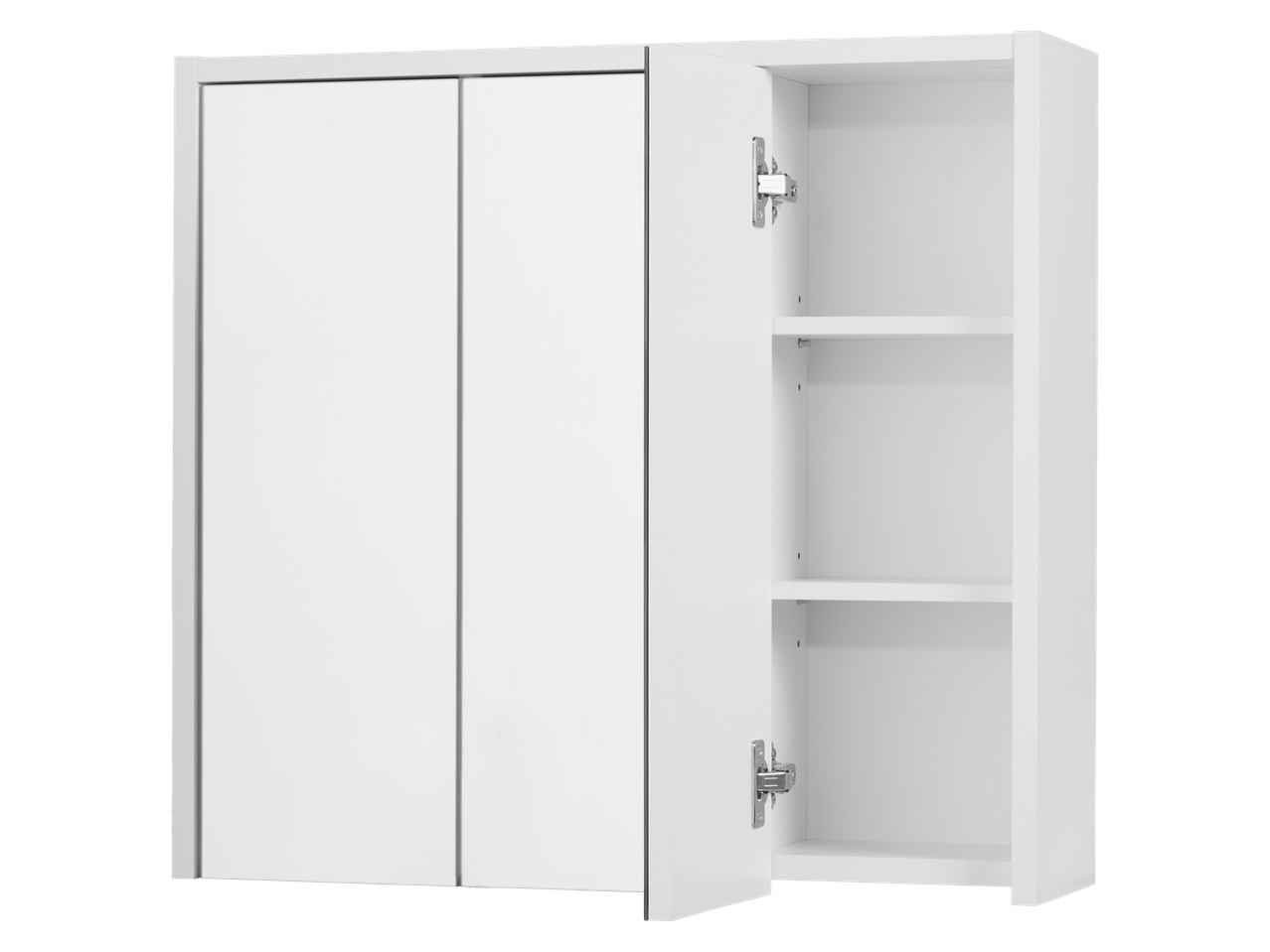 Valge seinakapp kahe uksega ja sisemiste riiulitega.