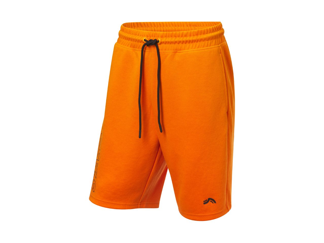 Orange athletic shorts with black drawstring and subtle branding.