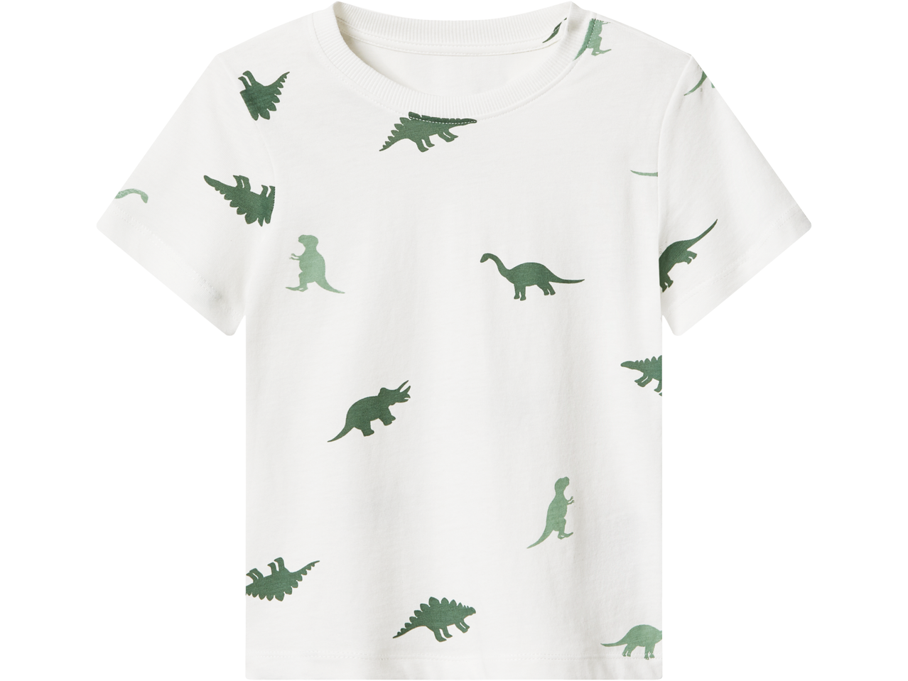 White short-sleeved t-shirt with green dinosaur print