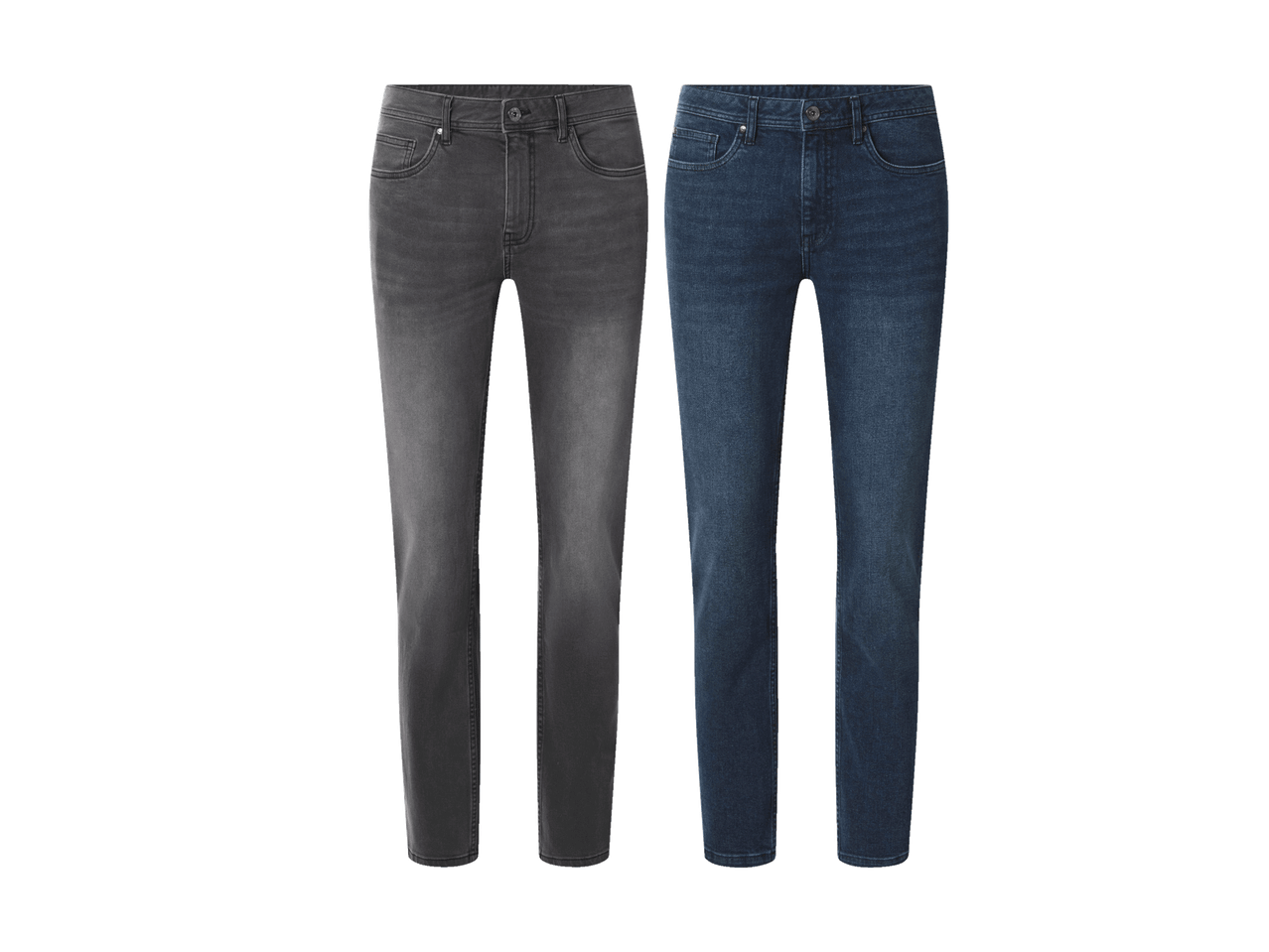 Dvi poros vyriškų džinsų: vieni pilki, kiti tamsiai mėlyni.