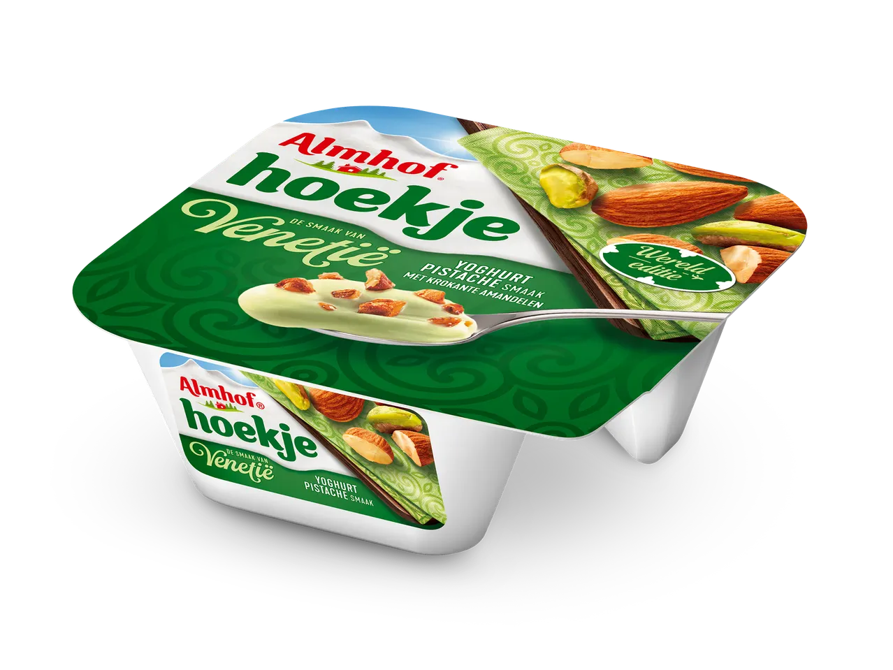 Pistache-amandel yoghurt met krokante amandelen, wereldeditie.