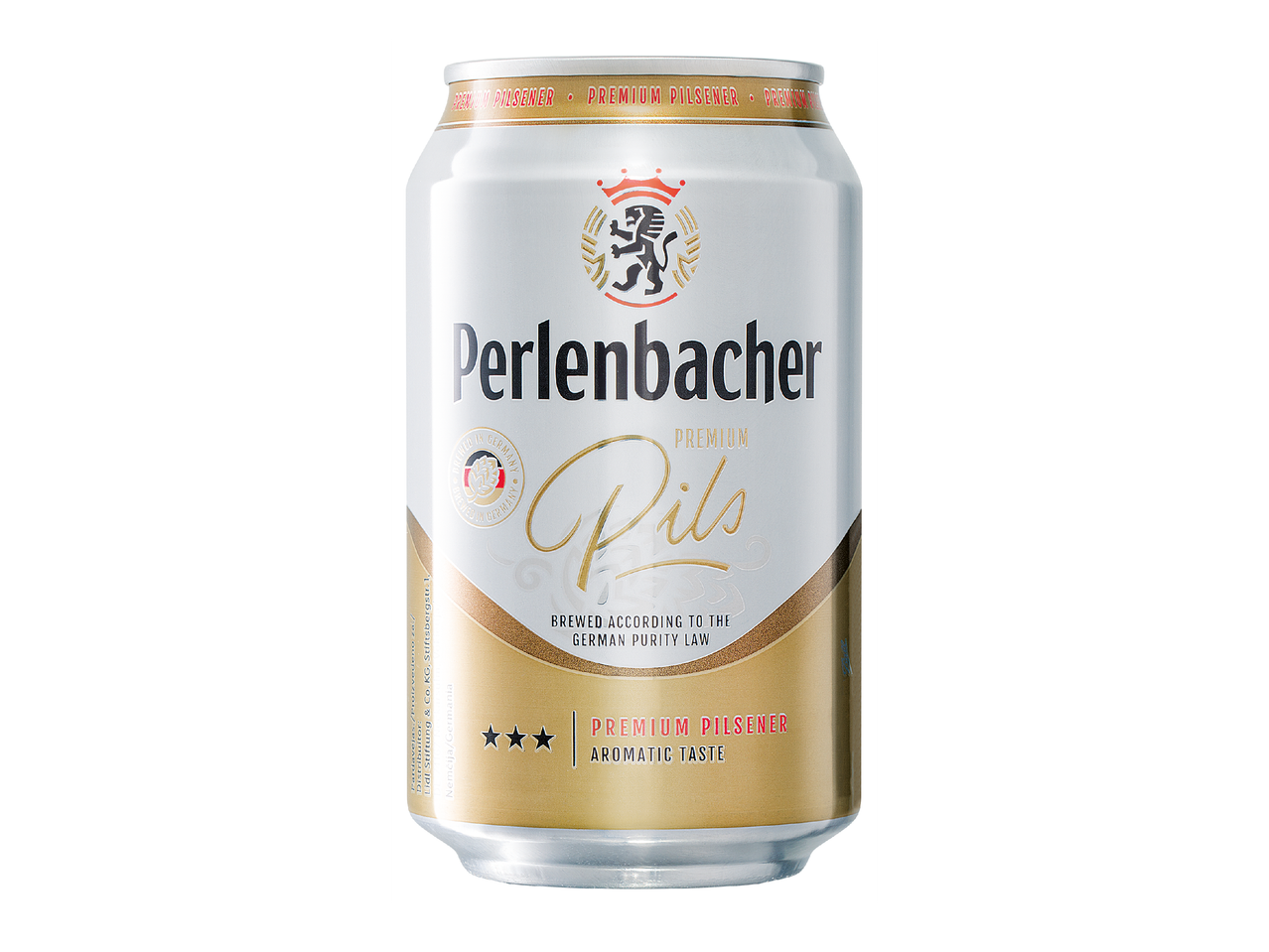 Кенче бира пилзнер с надпис „Perlenbacher Premium Pils“ и златисти акценти.