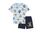 Boy's blue and navy pajama set featuring a toast and moose design.