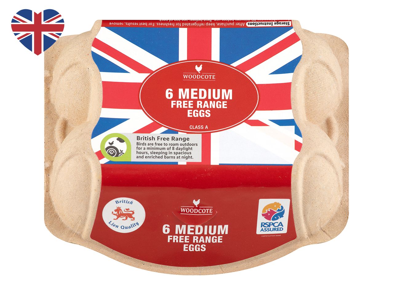 6 Woodcote medium free range eggs, RSPCA Assured.