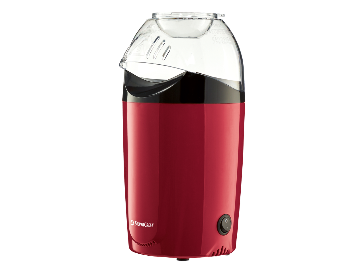 Crveni aparat za kokice s prozirnim poklopcem i prekidačem za uključivanje/isključivanje.