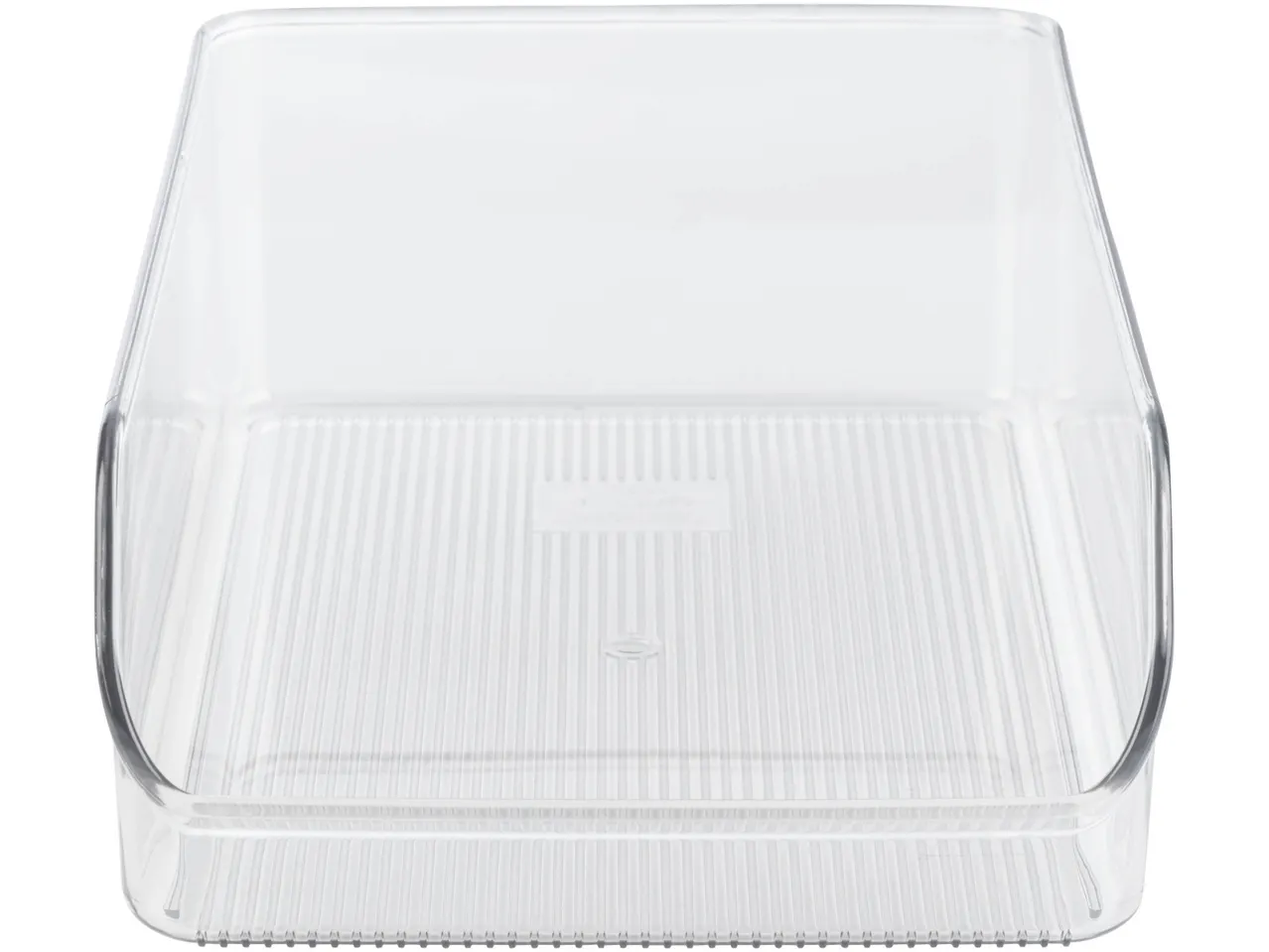 Clear plastic storage bin with ribbed bottom