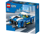 Cutie LEGO City cu o mașină de poliție albastră și un polițist.