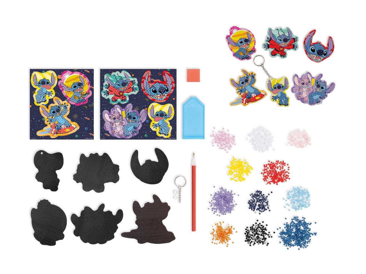 A diamond painting kit featuring Stitch characters, including keychains, stickers, and colorful gems.
