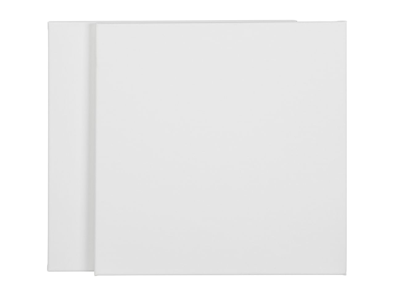 Two blank white stretched canvases, one slightly behind the other, on a white background.