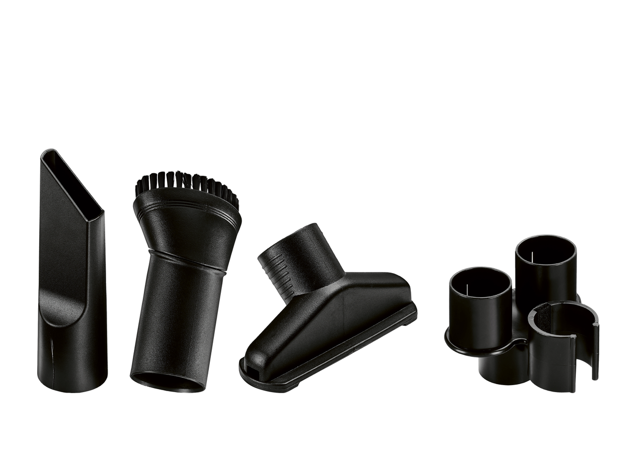 Комплект черни приставки за прахосмукачка, включващ накрайник за цепнатини, четка и накрайник за тапицерия.