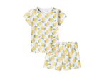 White short-sleeved pajama set with a yellow lemon and green leaf pattern.