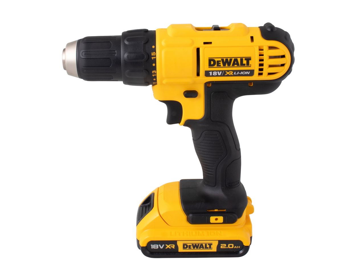 A yellow DeWalt cordless drill with battery.