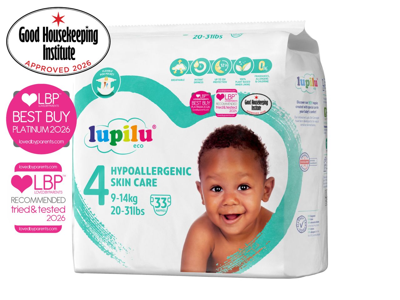 Baby diapers, size 4 (9-14kg, 20-31lbs), hypoallergenic, with 33 nappies per pack.