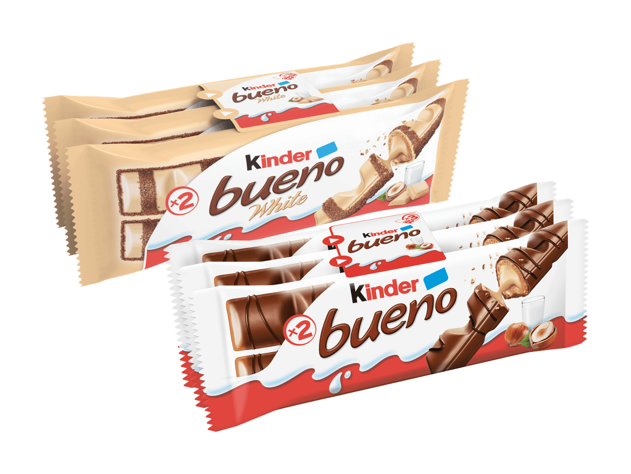 Drei Packungen Kinder Bueno und Kinder Bueno White Schokoriegel.