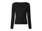 Back view of a plain black long-sleeved top with a boat neck.