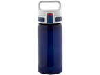 A dark blue water bottle with a white and navy blue cap and carrying handle.