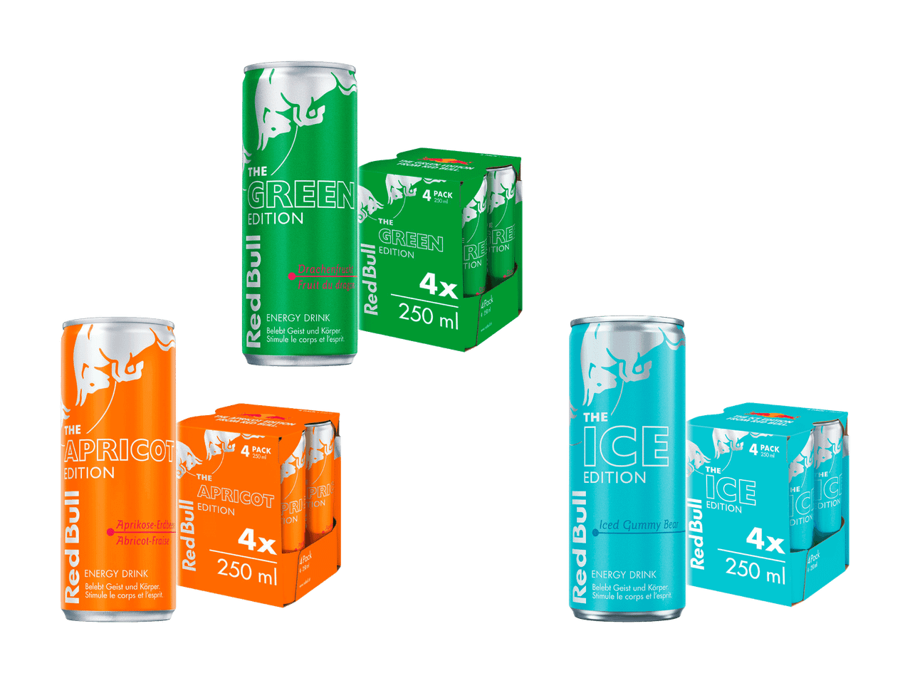 Drei Packungen und einzelne Dosen von Red Bull The Green, Apricot und Ice Edition.