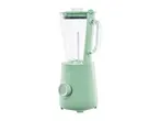 A light green blender with a clear pitcher and a silver control knob on a white background.