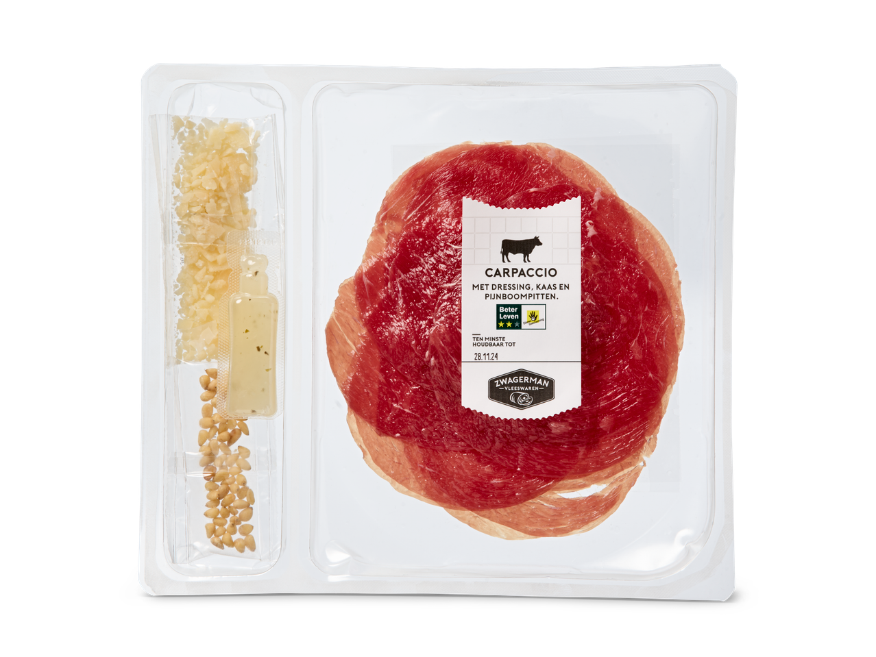 Carpaccio met dressing, kaas en pijnboompitten, met een THT van 28.11.24.